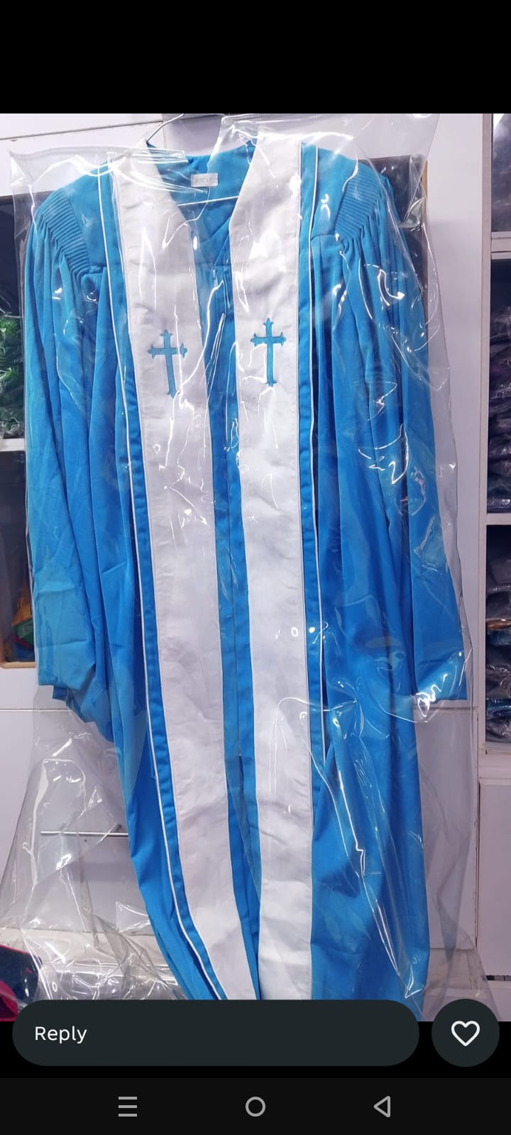 Blue Clergy Cassock with White Cross Embroidered Band