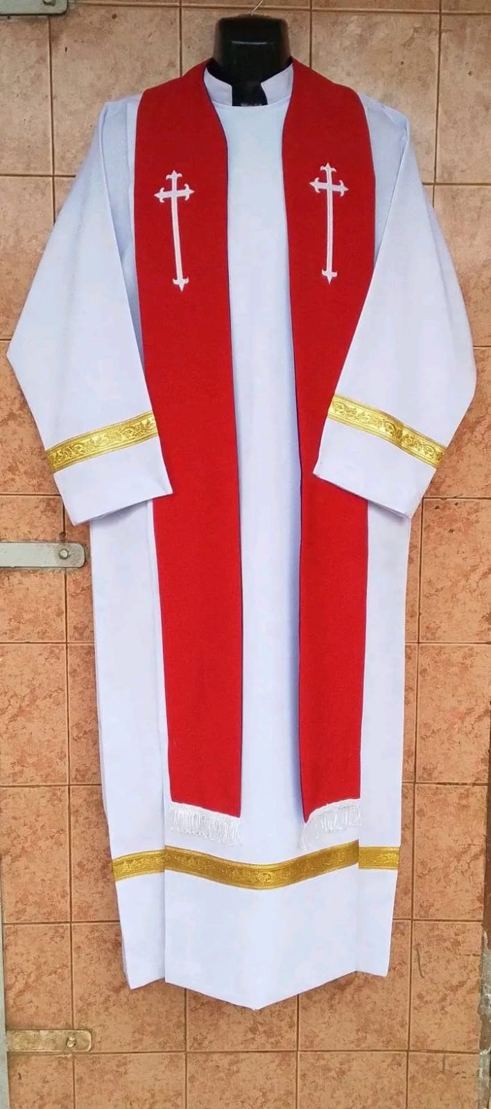 White Clergy Cassock with Red Stole and Gold Trim