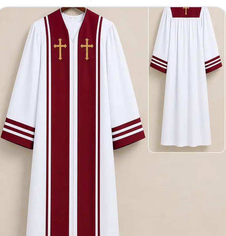 White Clergy Cassock with Burgundy Cross Panels